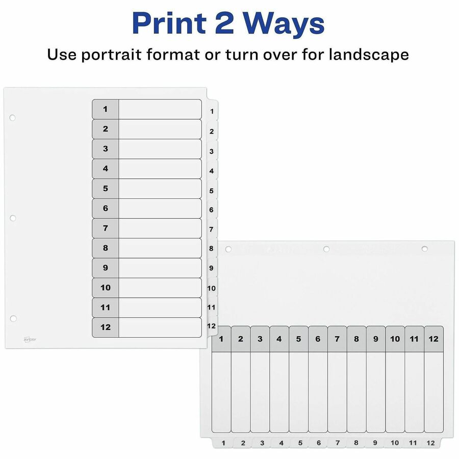Customizable Table of Contents Ready Index Black and White Dividers, 12-Tab, 1 to 12, 11 x 8.5, White, 6 Sets