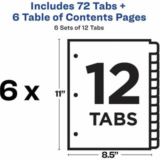 Customizable Table of Contents Ready Index Black and White Dividers, 12-Tab, 1 to 12, 11 x 8.5, White, 6 Sets