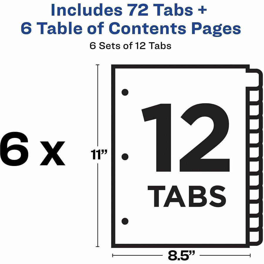Customizable Table of Contents Ready Index Black and White Dividers, 12-Tab, 1 to 12, 11 x 8.5, White, 6 Sets