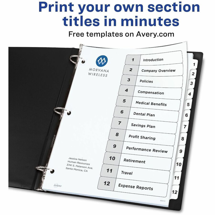 Customizable Table of Contents Ready Index Black and White Dividers, 12-Tab, 1 to 12, 11 x 8.5, White, 6 Sets