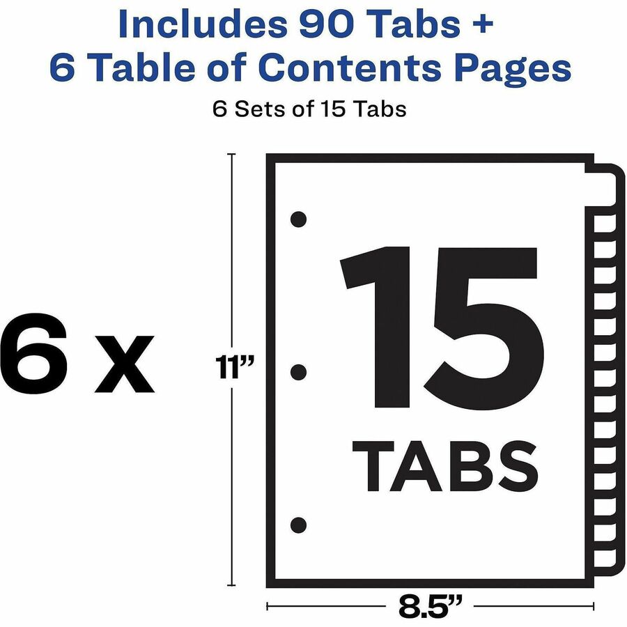 Customizable Table of Contents Ready Index Black and White Dividers, 15-Tab, 1 to 15, 11 x 8.5, White, 6 Sets