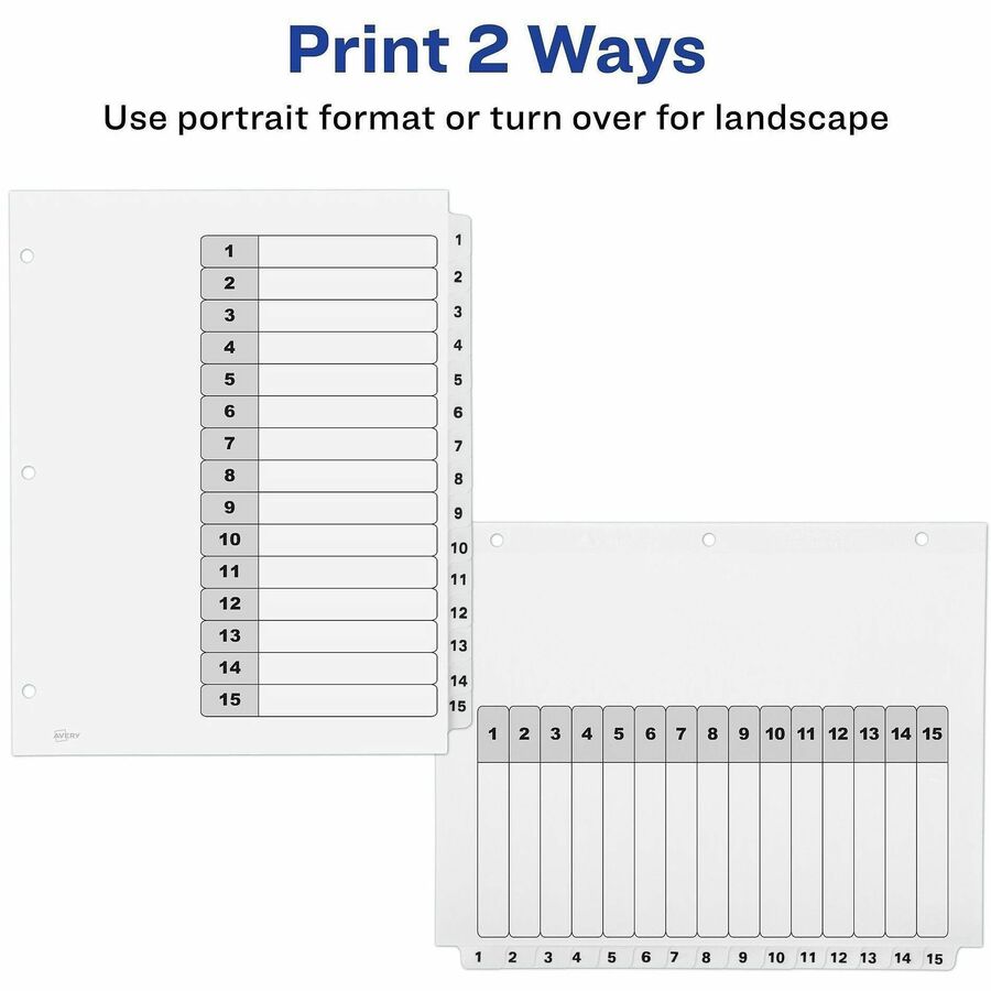 Customizable Table of Contents Ready Index Black and White Dividers, 15-Tab, 1 to 15, 11 x 8.5, White, 6 Sets