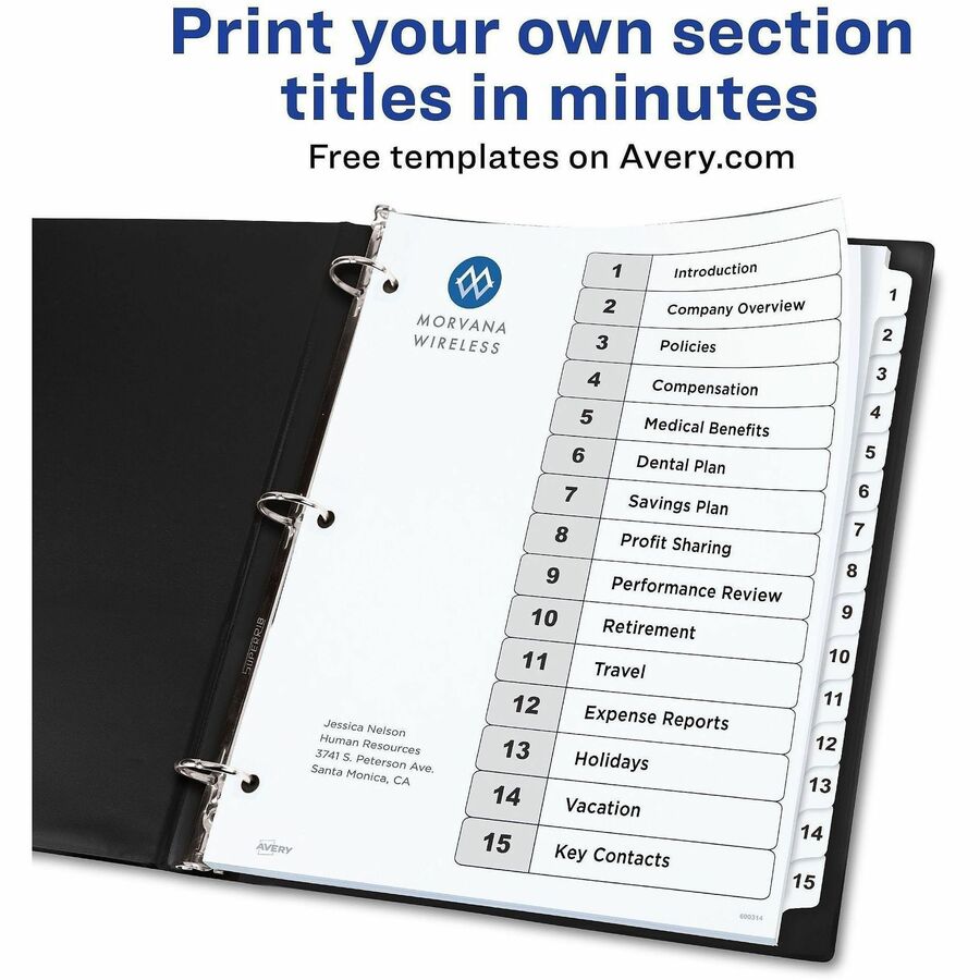 Customizable Table of Contents Ready Index Black and White Dividers, 15-Tab, 1 to 15, 11 x 8.5, White, 6 Sets