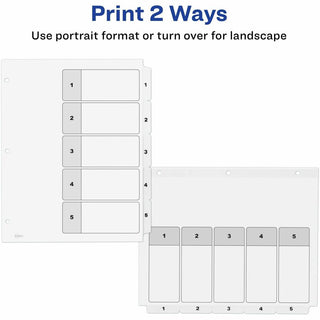 Customizable Table of Contents Ready Index Black and White Dividers, 5-Tab, 1 to 5, 11 x 8.5, White, 6 Sets