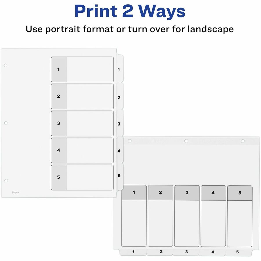 Customizable Table of Contents Ready Index Black and White Dividers, 5-Tab, 1 to 5, 11 x 8.5, White, 6 Sets