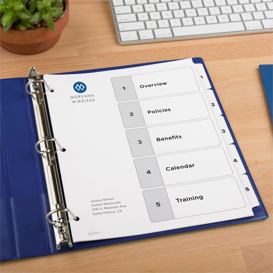 Customizable Table of Contents Ready Index Black and White Dividers, 5-Tab, 1 to 5, 11 x 8.5, White, 6 Sets