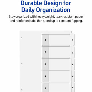 Customizable Table of Contents Ready Index Black and White Dividers, 5-Tab, 1 to 5, 11 x 8.5, White, 6 Sets