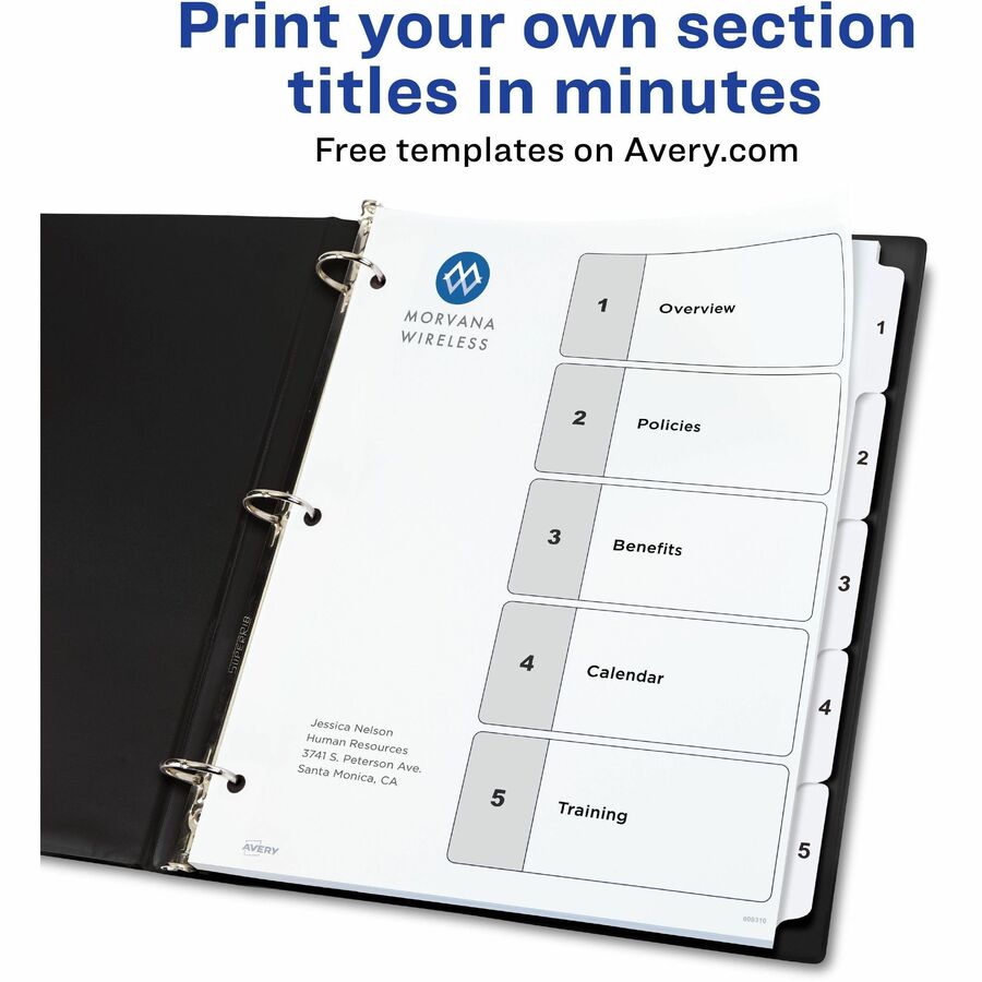 Customizable Table of Contents Ready Index Black and White Dividers, 5-Tab, 1 to 5, 11 x 8.5, White, 6 Sets