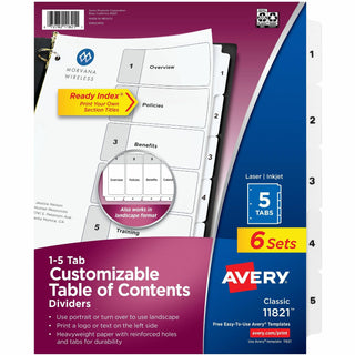Customizable Table of Contents Ready Index Black and White Dividers, 5-Tab, 1 to 5, 11 x 8.5, White, 6 Sets