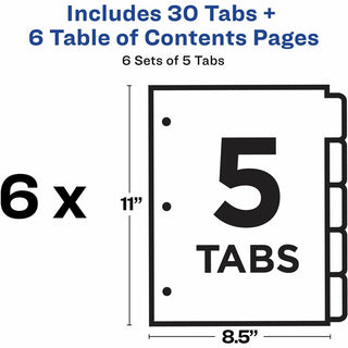 Customizable Table of Contents Ready Index Black and White Dividers, 5-Tab, 1 to 5, 11 x 8.5, White, 6 Sets