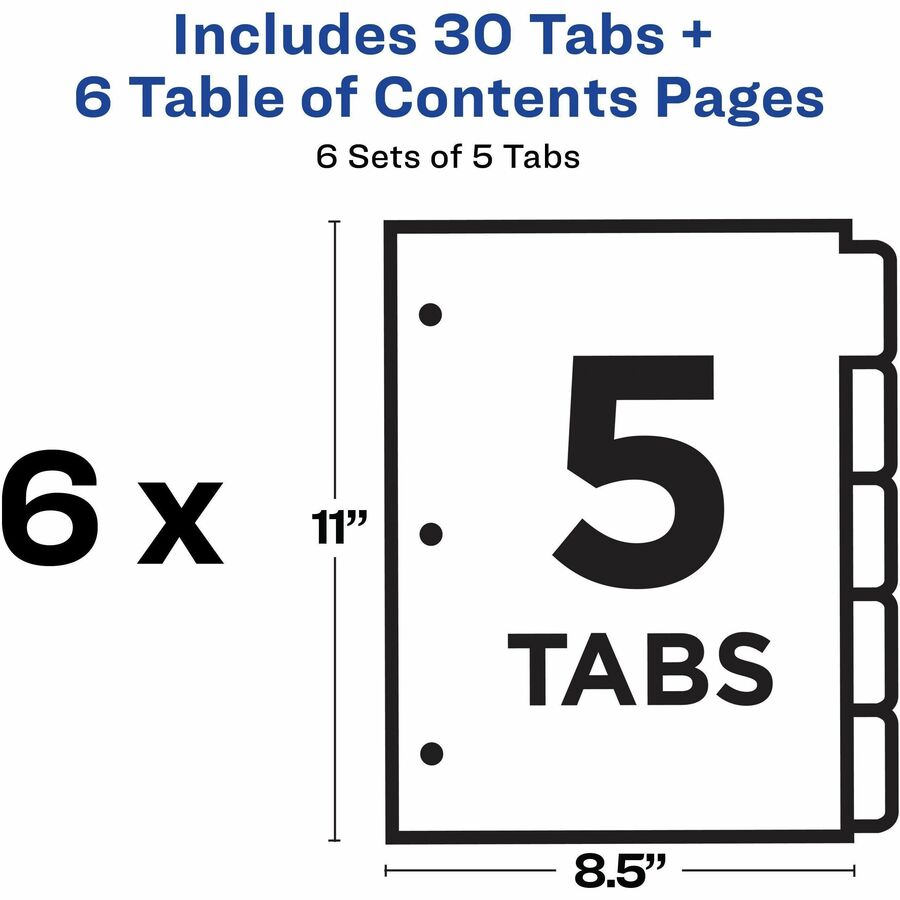 Customizable Table of Contents Ready Index Black and White Dividers, 5-Tab, 1 to 5, 11 x 8.5, White, 6 Sets