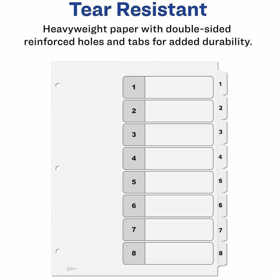 Customizable Table of Contents Ready Index Black and White Dividers, 8-Tab, 1 to 8, 11 x 8.5, White, 6 Sets
