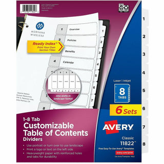 Customizable Table of Contents Ready Index Black and White Dividers, 8-Tab, 1 to 8, 11 x 8.5, White, 6 Sets