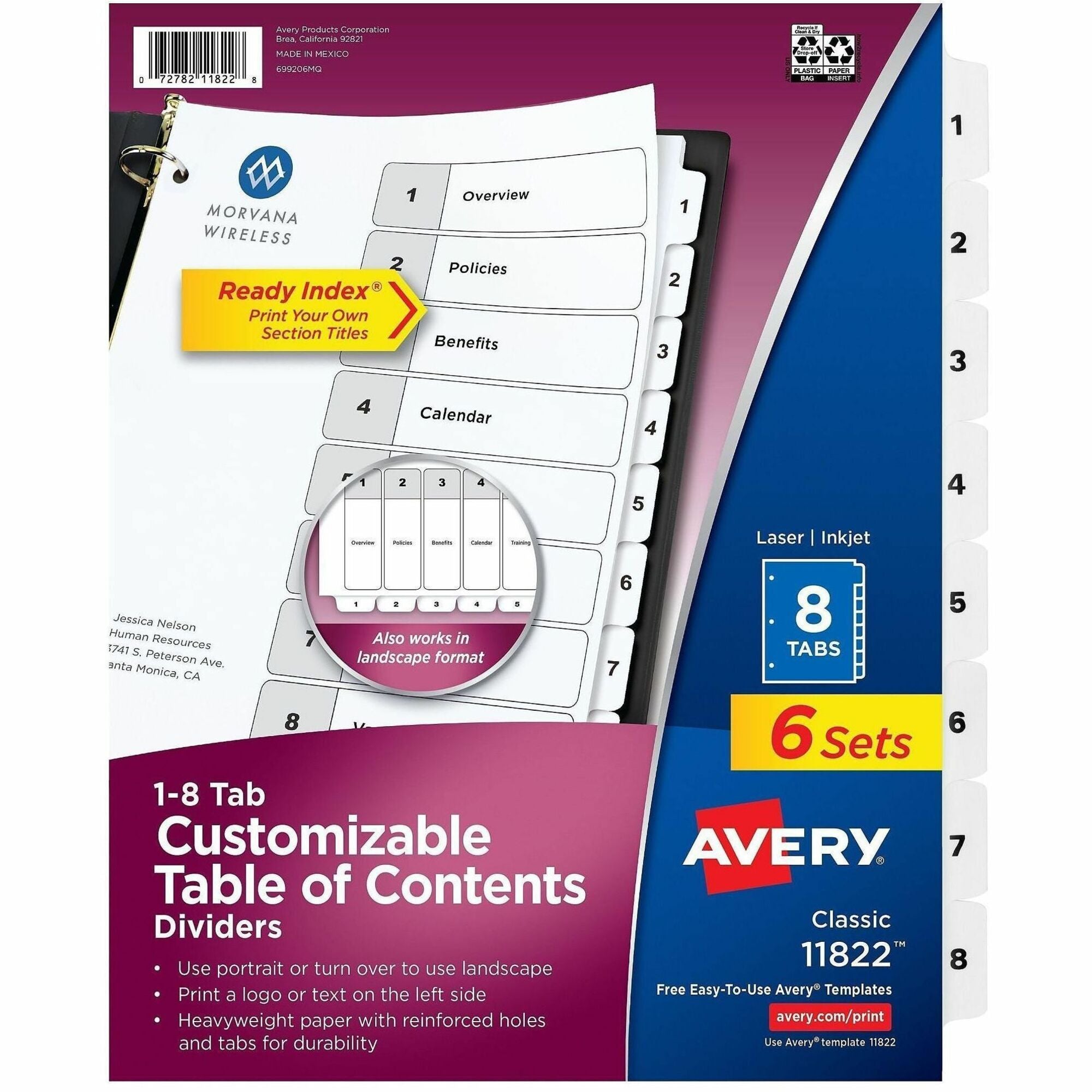 Customizable Table of Contents Ready Index Black and White Dividers, 8-Tab, 1 to 8, 11 x 8.5, White, 6 Sets
