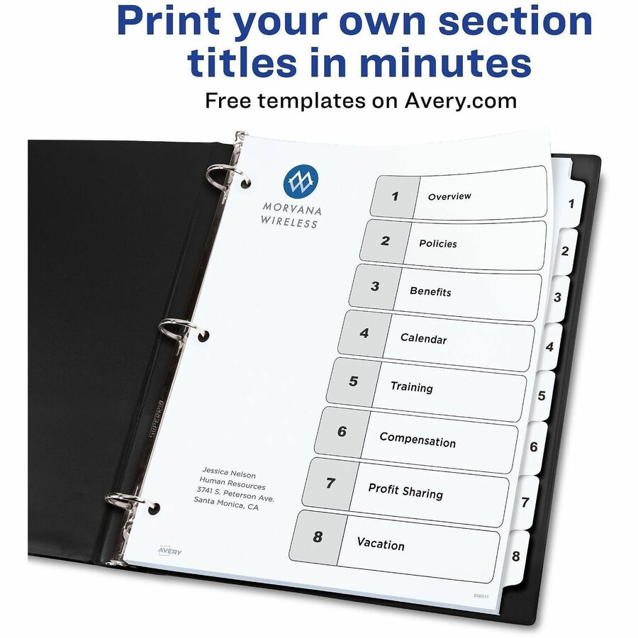 Customizable Table of Contents Ready Index Black and White Dividers, 8-Tab, 1 to 8, 11 x 8.5, White, 6 Sets