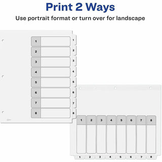 Customizable Table of Contents Ready Index Black and White Dividers, 8-Tab, 1 to 8, 11 x 8.5, White, 6 Sets