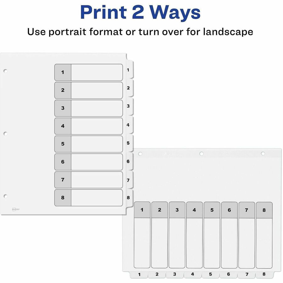 Customizable Table of Contents Ready Index Black and White Dividers, 8-Tab, 1 to 8, 11 x 8.5, White, 6 Sets