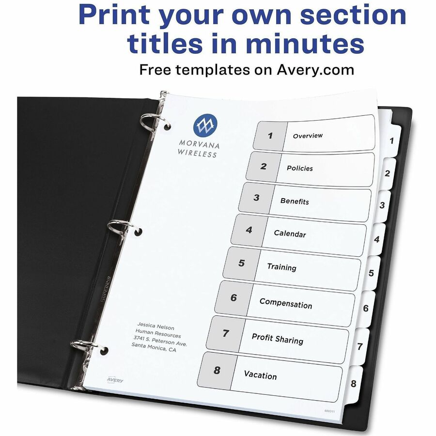 Customizable Table of Contents Ready Index Black and White Dividers, 8-Tab, 1 to 8, 11 x 8.5, White, 6 Sets