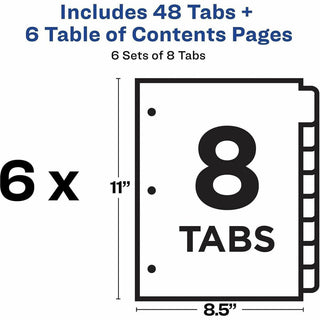 Customizable Table of Contents Ready Index Black and White Dividers, 8-Tab, 1 to 8, 11 x 8.5, White, 6 Sets
