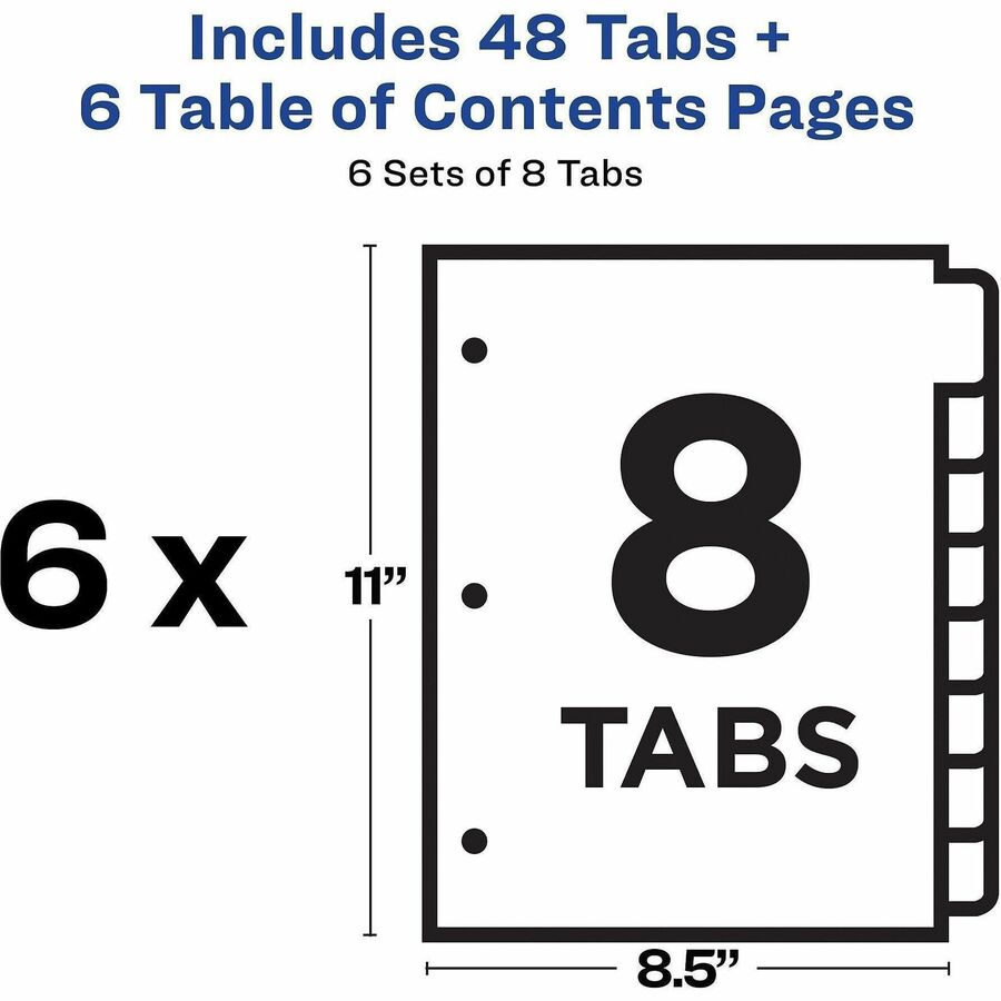 Customizable Table of Contents Ready Index Black and White Dividers, 8-Tab, 1 to 8, 11 x 8.5, White, 6 Sets