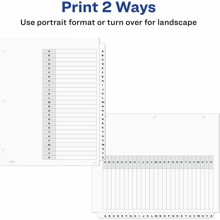 Avery A-Z Black & White Table of Contents Dividers - 26 x Divider(s) - A-Z, Table of Contents - 26 Tab(s)/Set - 8.5" Divider Width x 11" Divider Length - 3 Hole Punched - White Paper Divider - White Paper Tab(s) - 12