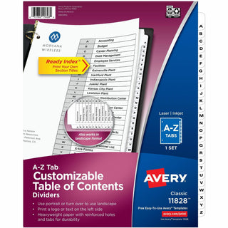 Avery A-Z Black & White Table of Contents Dividers - 26 x Divider(s) - A-Z, Table of Contents - 26 Tab(s)/Set - 8.5" Divider Width x 11" Divider Length - 3 Hole Punched - White Paper Divider - White Paper Tab(s) - 12