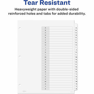 Avery A-Z Black & White Table of Contents Dividers - 26 x Divider(s) - A-Z, Table of Contents - 26 Tab(s)/Set - 8.5" Divider Width x 11" Divider Length - 3 Hole Punched - White Paper Divider - White Paper Tab(s) - 12
