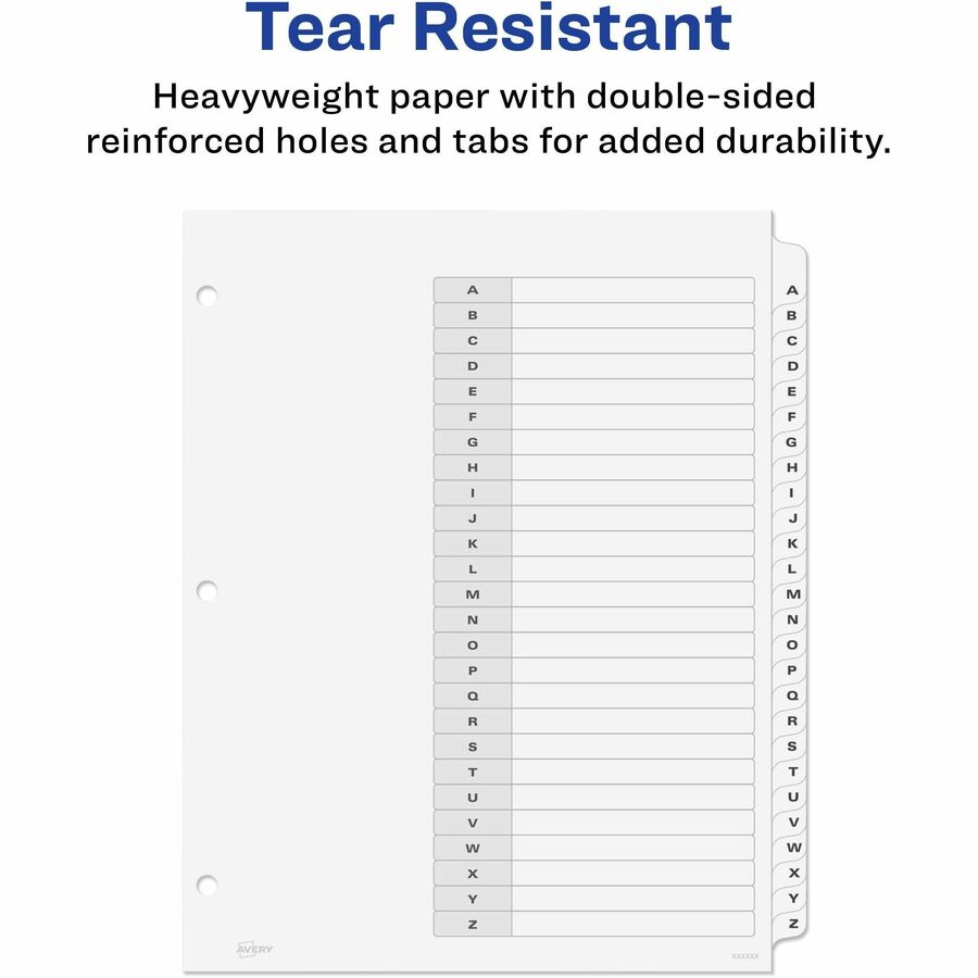 Avery A-Z Black & White Table of Contents Dividers - 26 x Divider(s) - A-Z, Table of Contents - 26 Tab(s)/Set - 8.5" Divider Width x 11" Divider Length - 3 Hole Punched - White Paper Divider - White Paper Tab(s) - 12