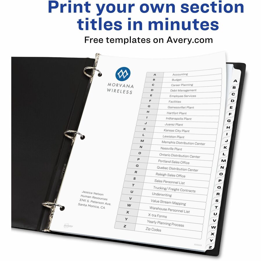 Avery A-Z Black & White Table of Contents Dividers - 26 x Divider(s) - A-Z, Table of Contents - 26 Tab(s)/Set - 8.5" Divider Width x 11" Divider Length - 3 Hole Punched - White Paper Divider - White Paper Tab(s) - 12