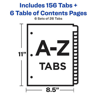 Avery A-Z Black & White Table of Contents Dividers - 156 x Divider(s) - A-Z, Table of Contents - 26 Tab(s)/Set - 8.5" Divider Width x 11" Divider Length - 3 Hole Punched - White Paper Divider - White Paper Tab(s) - 6 / Pack - 5