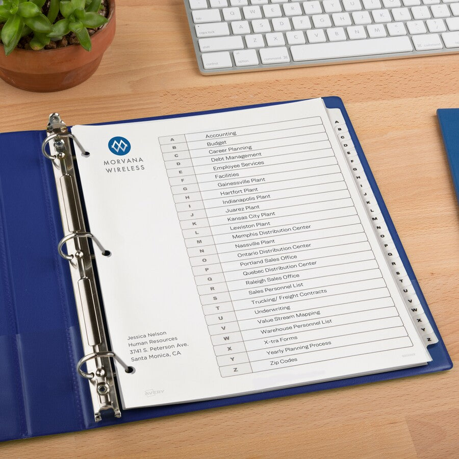 Avery A-Z Black & White Table of Contents Dividers - 156 x Divider(s) - A-Z, Table of Contents - 26 Tab(s)/Set - 8.5" Divider Width x 11" Divider Length - 3 Hole Punched - White Paper Divider - White Paper Tab(s) - 6 / Pack - 7