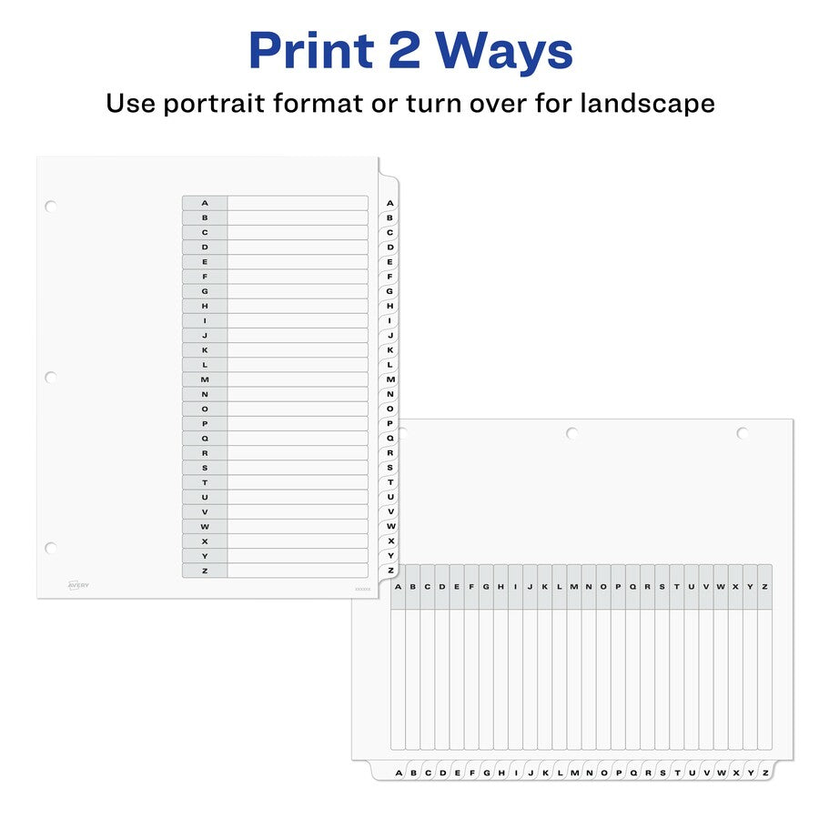 Avery A-Z Black & White Table of Contents Dividers - 156 x Divider(s) - A-Z, Table of Contents - 26 Tab(s)/Set - 8.5" Divider Width x 11" Divider Length - 3 Hole Punched - White Paper Divider - White Paper Tab(s) - 6 / Pack - 4