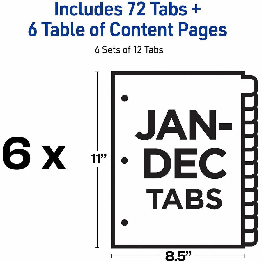 Customizable Table of Contents Ready Index Black and White Dividers, 12-Tab, Jan. to Dec., 11 x 8.5, White, 6 Sets