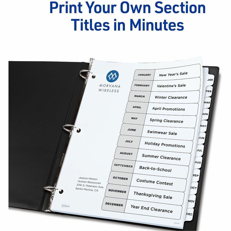 Customizable Table of Contents Ready Index Black and White Dividers, 12-Tab, Jan. to Dec., 11 x 8.5, White, 6 Sets
