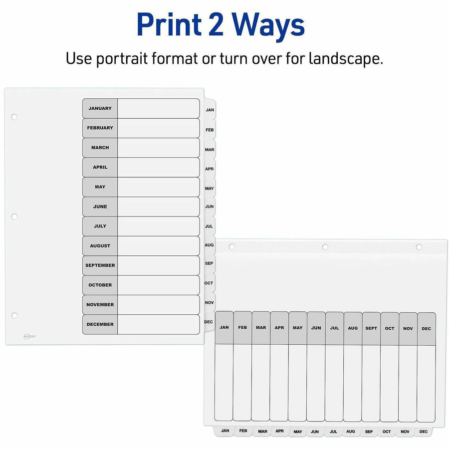 Customizable Table of Contents Ready Index Black and White Dividers, 12-Tab, Jan. to Dec., 11 x 8.5, White, 6 Sets