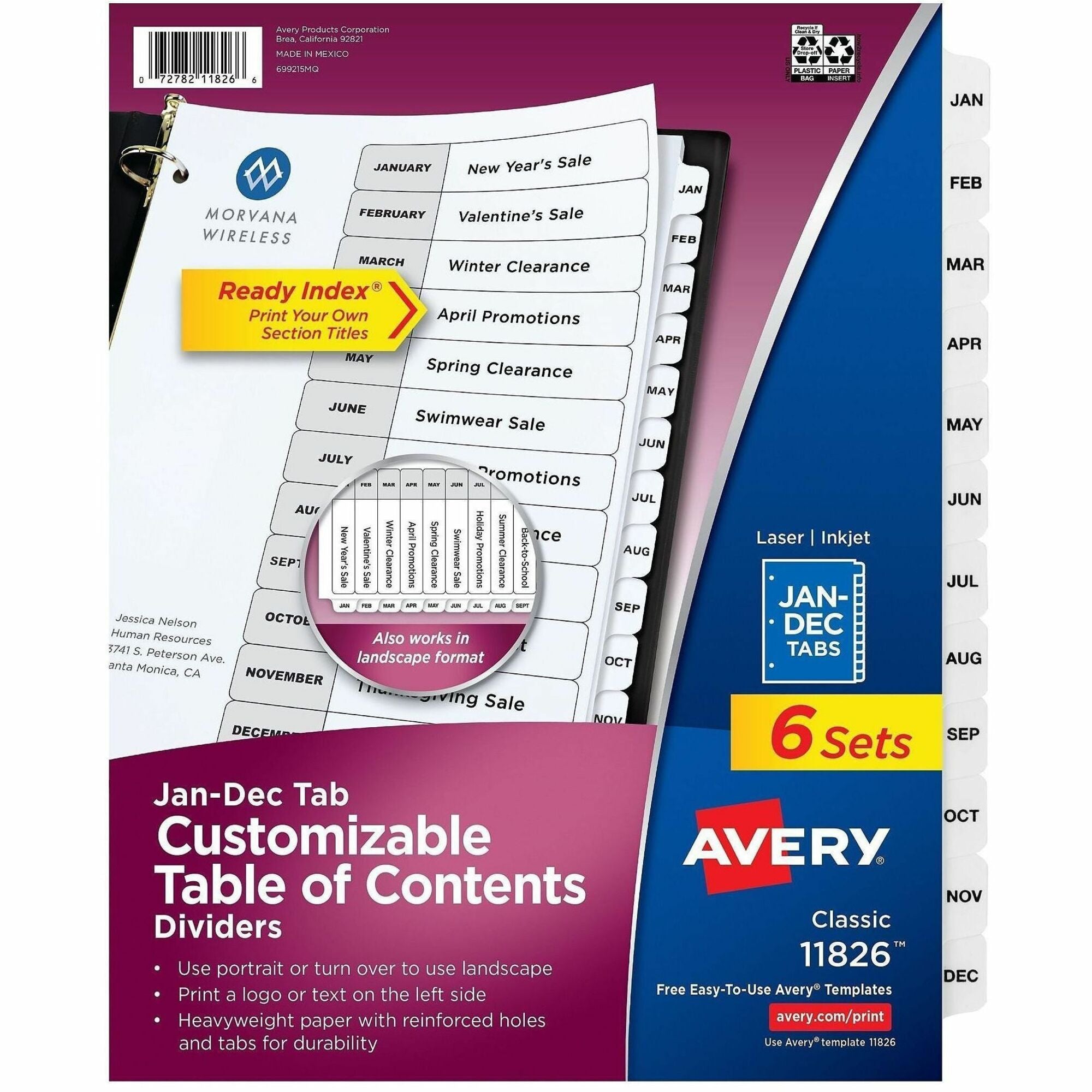 Customizable Table of Contents Ready Index Black and White Dividers, 12-Tab, Jan. to Dec., 11 x 8.5, White, 6 Sets