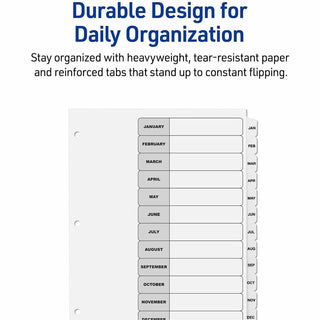 Customizable Table of Contents Ready Index Black and White Dividers, 12-Tab, Jan. to Dec., 11 x 8.5, White, 6 Sets