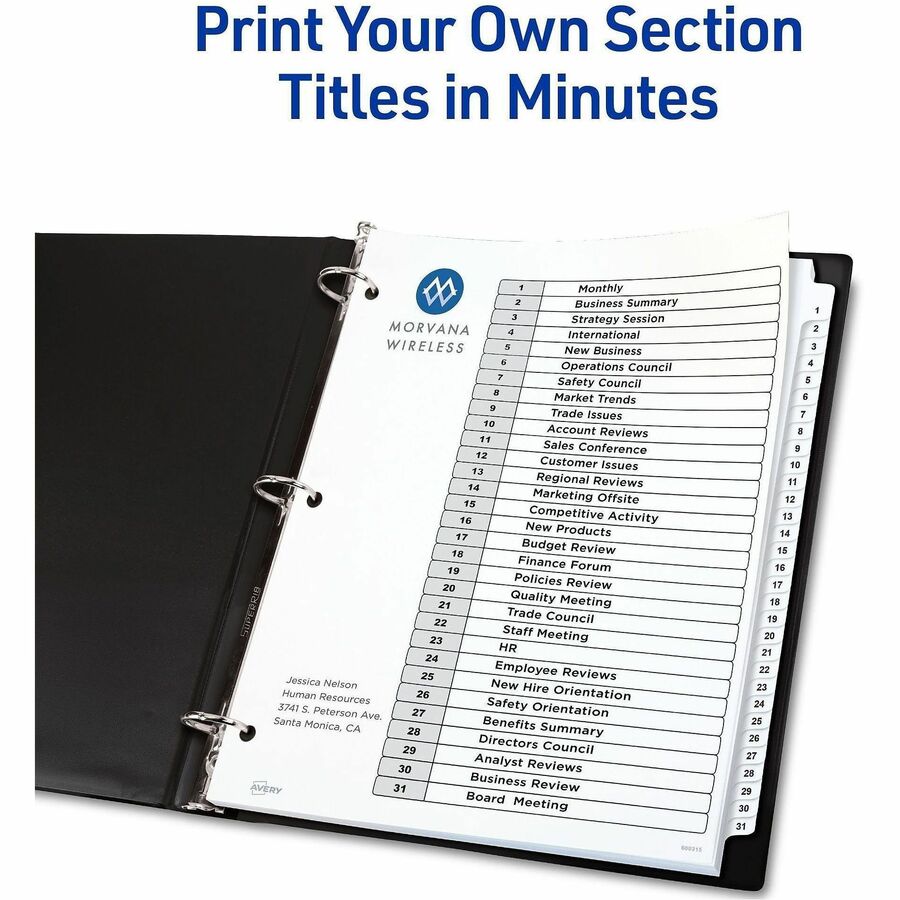 Customizable Table of Contents Ready Index Black and White Dividers, 31-Tab, 1 to 31, 11 x 8.5, White, 6 Sets
