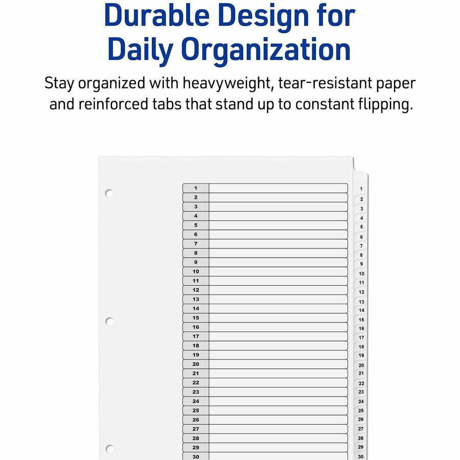 Customizable Table of Contents Ready Index Black and White Dividers, 31-Tab, 1 to 31, 11 x 8.5, White, 6 Sets