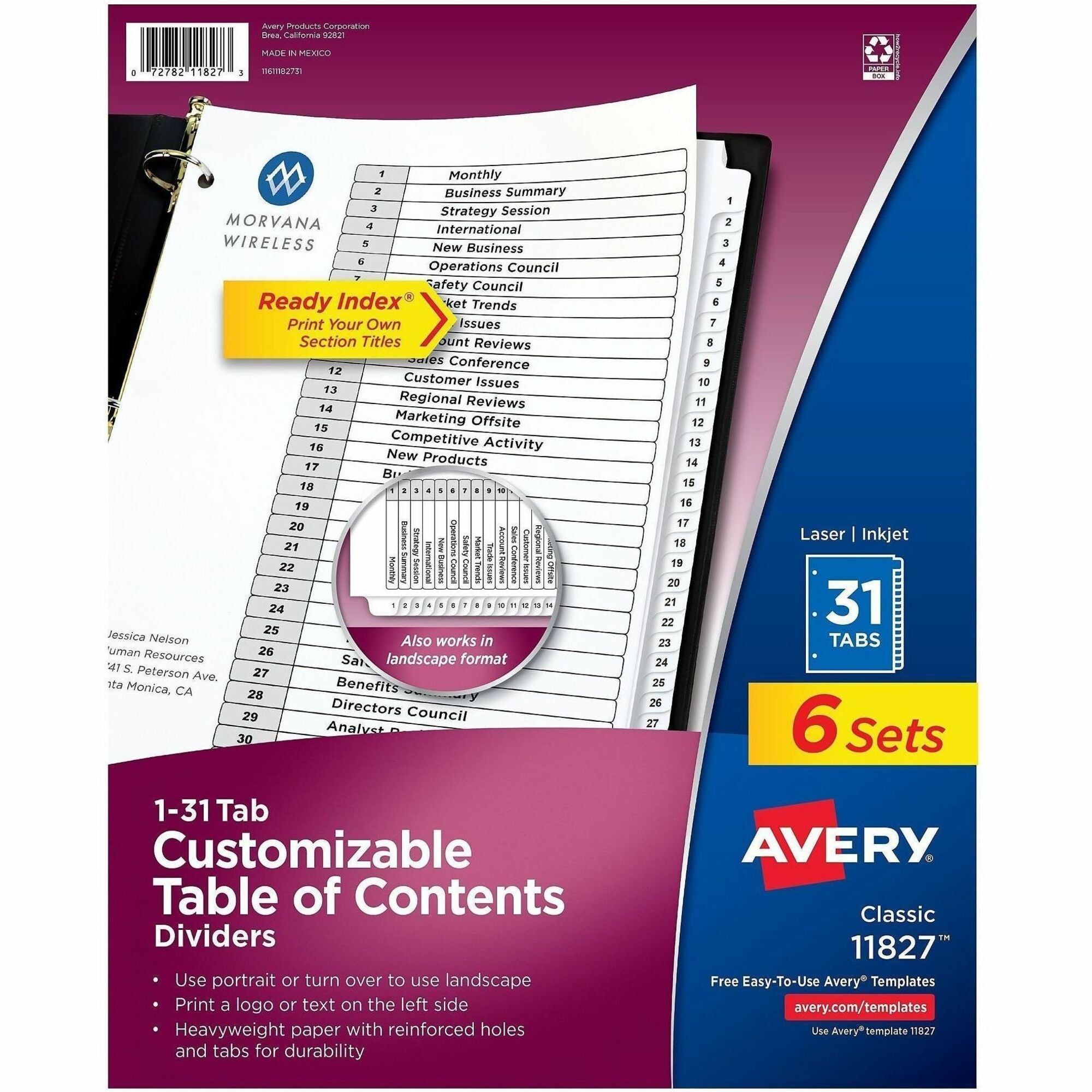 Customizable Table of Contents Ready Index Black and White Dividers, 31-Tab, 1 to 31, 11 x 8.5, White, 6 Sets