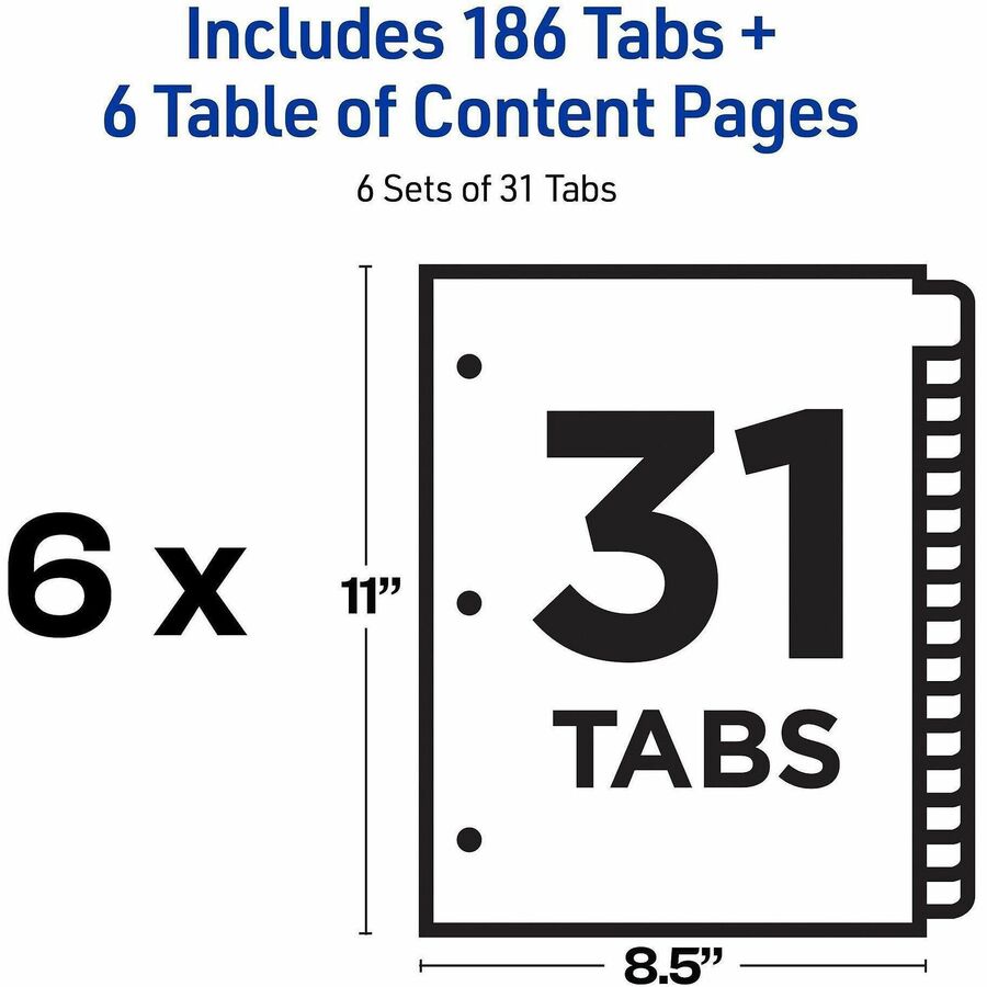 Customizable Table of Contents Ready Index Black and White Dividers, 31-Tab, 1 to 31, 11 x 8.5, White, 6 Sets