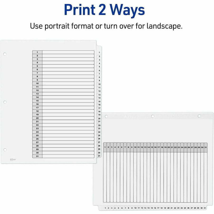 Customizable Table of Contents Ready Index Black and White Dividers, 31-Tab, 1 to 31, 11 x 8.5, White, 6 Sets