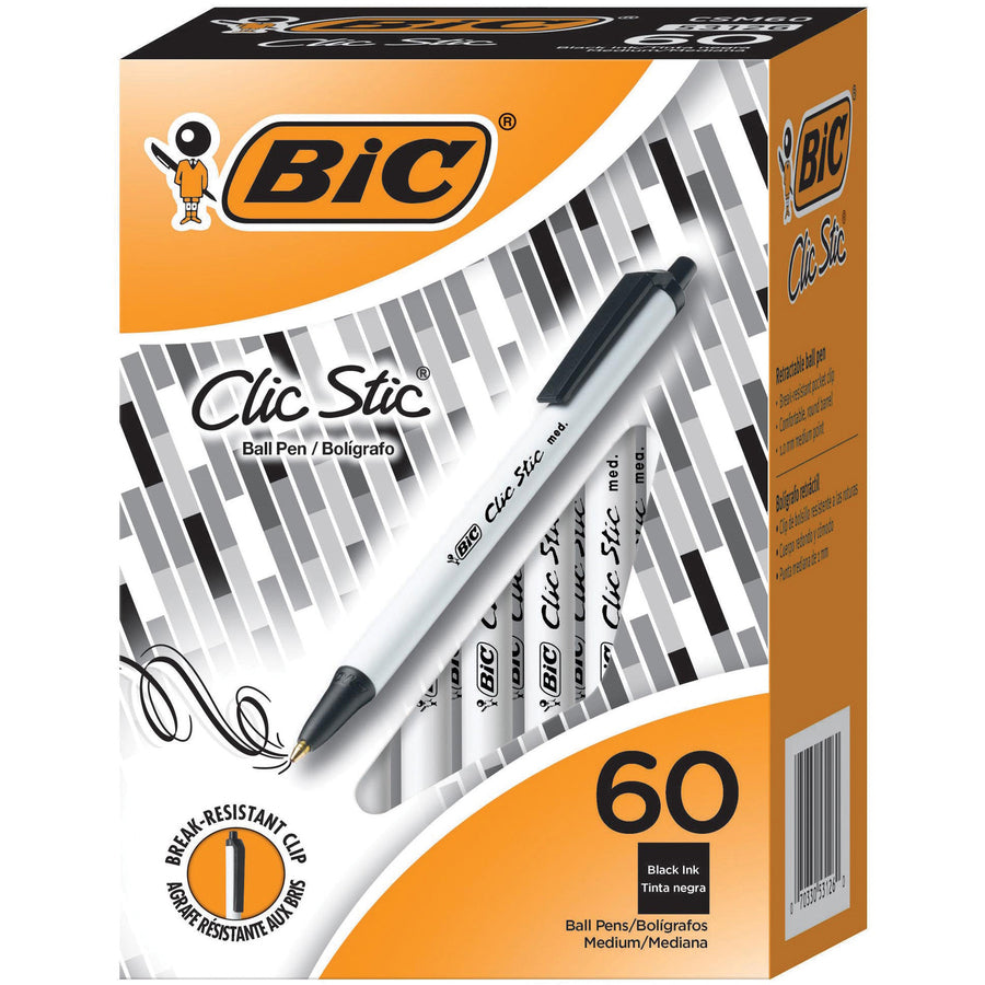 bic-clic-stick-10mm-retractable-ball-pen-medium-pen-point-1-mm-pen-point-size-retractable-black-white-barrel-60-box_biccsm60bk - 2