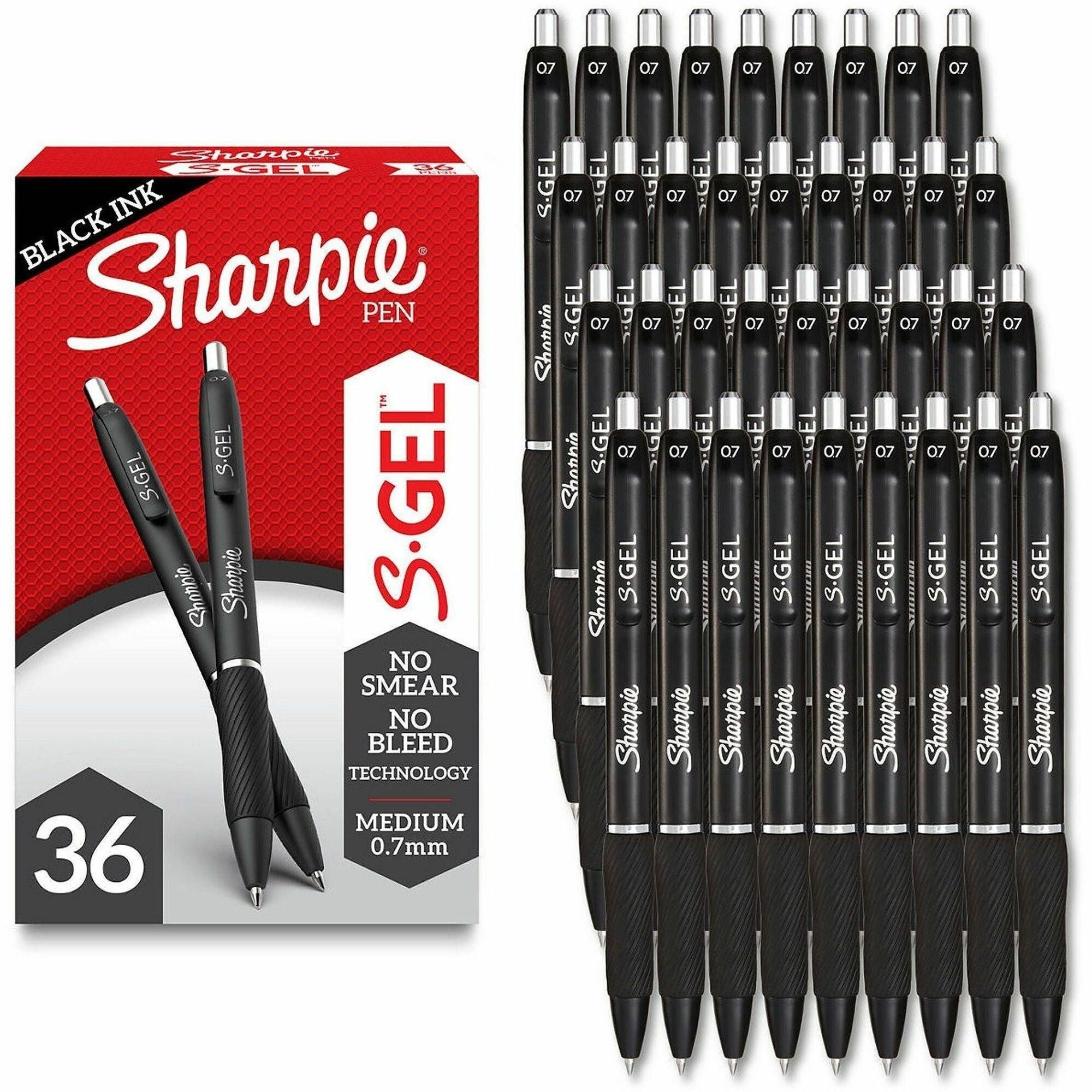 S-Gel High-Performance Gel Pen, Retractable, Medium 0.7mm, Black Ink, Black Barrel, 36/Pack
