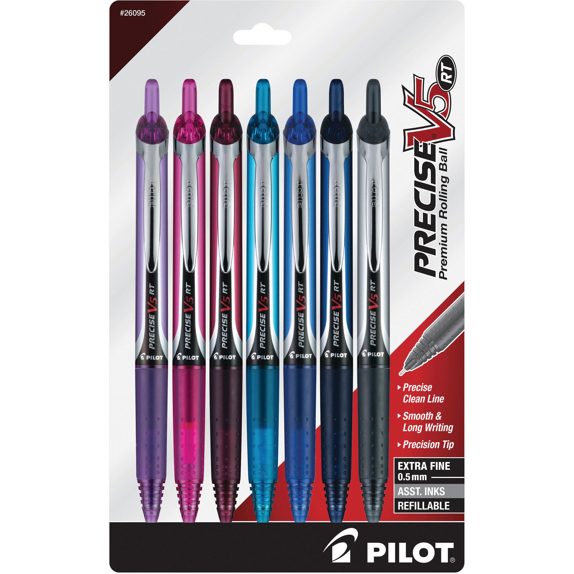 Precise V5RT Roller Ball Pen, Retractable, Extra-Fine 0.5 mm, Assorted Ink and Barrel Colors, 7/Pack