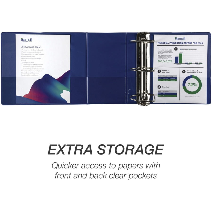 Samsill Nonstick 6" Locking D-Ring View Binder - 6" Binder Capacity - 1225 Sheet Capacity - 3 x D-Ring Fastener(s) - 2 Internal Pocket(s) - Dark Blue - 2.73 lb - Recycled - Lockable, Non-stick, Concealed Rivet, Ink-transfer Resistant, Clear Overlay,