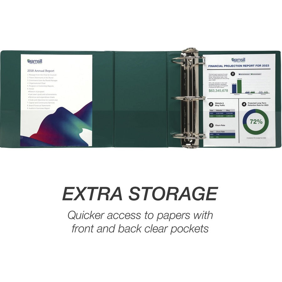 Samsill Nonstick 6" Locking D-Ring View Binder - 6" Binder Capacity - 1225 Sheet Capacity - 3 x D-Ring Fastener(s) - 2 Internal Pocket(s) - Green - 2.73 lb - Recycled - Lockable, Non-stick, Concealed Rivet, Ink-transfer Resistant, Clear Overlay, Non-