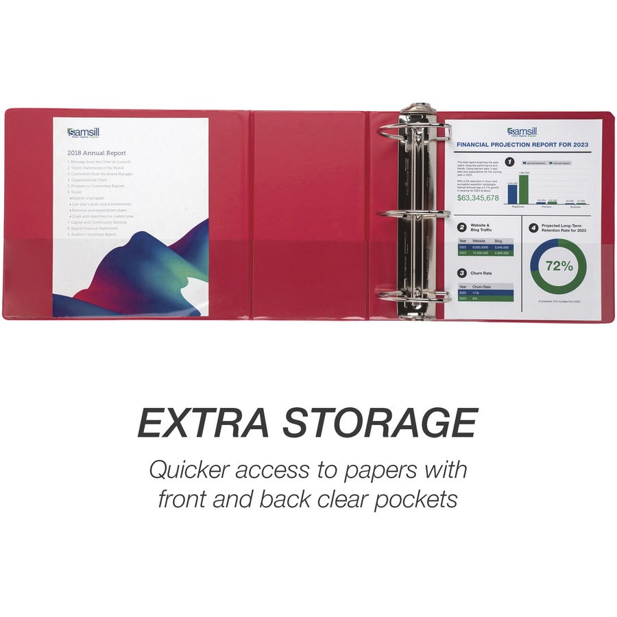 Samsill Nonstick 6" Locking D-Ring View Binder - 6" Binder Capacity - 1225 Sheet Capacity - 3 x D-Ring Fastener(s) - 2 Internal Pocket(s) - Red - 2.73 lb - Recycled - Lockable, Non-stick, Concealed Rivet, Ink-transfer Resistant, Clear Overlay, Non-gl - 3