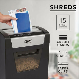 GBC ShredMaster SX15-06 Super Cross-Cut Shredder - Non-continuous Shredder - Super Cross Cut - 15 Per Pass - for shredding Paper, Staples, Paper Clip - P-4 - 2 Hour Run Time - 6 gal Wastebin Capacity - Black, Chrome