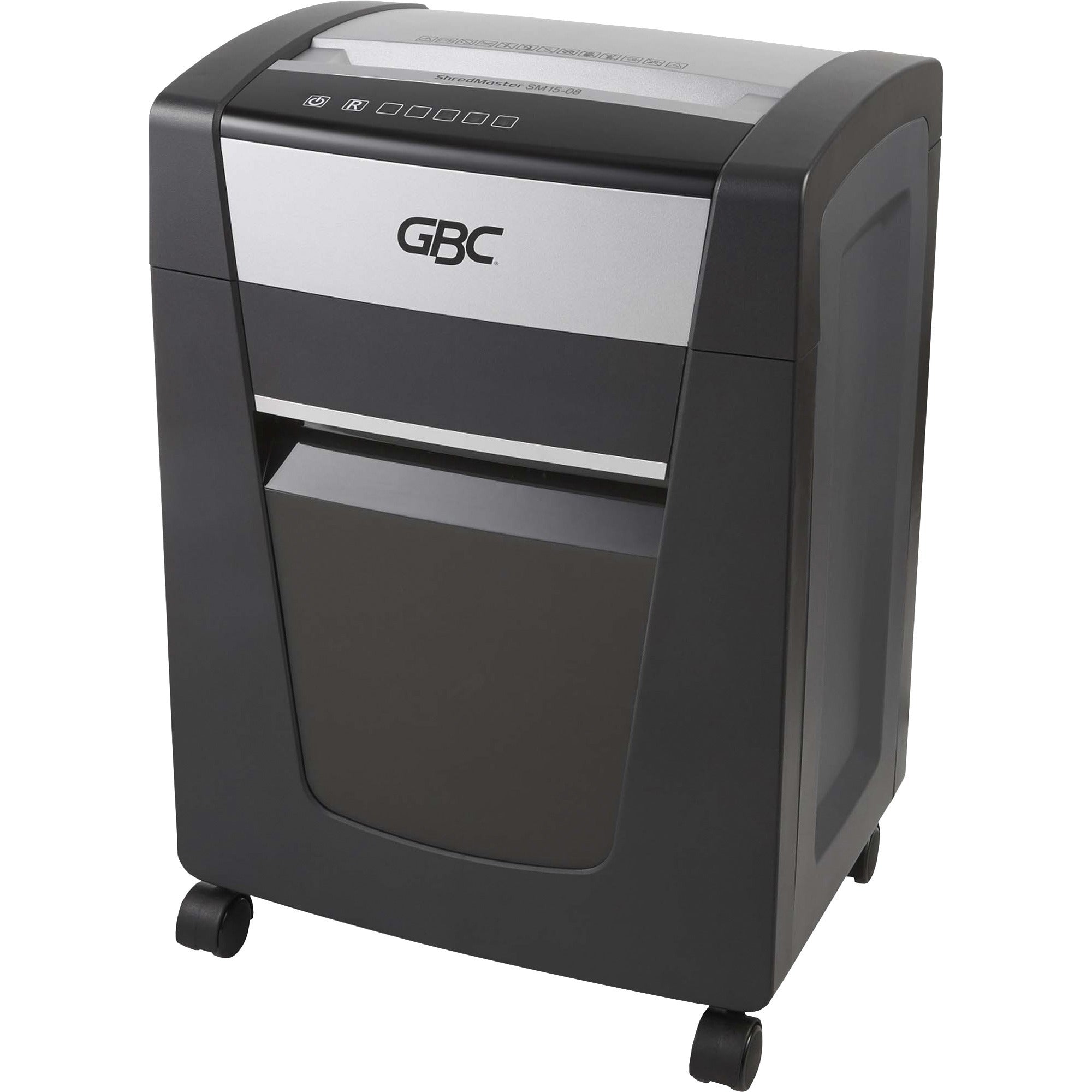 gbc-shredmaster-sm15-08-micro-cut-shredder-non-continuous-shredder-micro-cut-15-per-pass-for-shredding-paper-staples-paper-clip-p-5-4-hour-run-time-8-gal-wastebin-capacity-black-chrome_gbc1758501 - 2